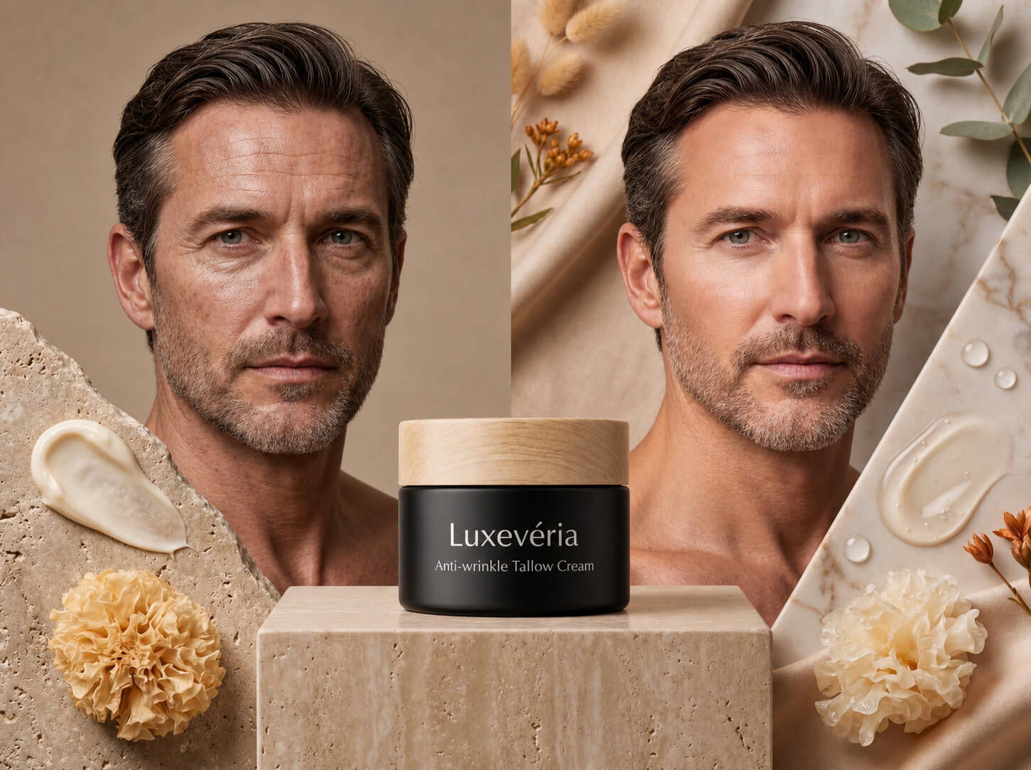 Luxevéria Anti-Wrinkle Tallow Cream skincare presentation for men
