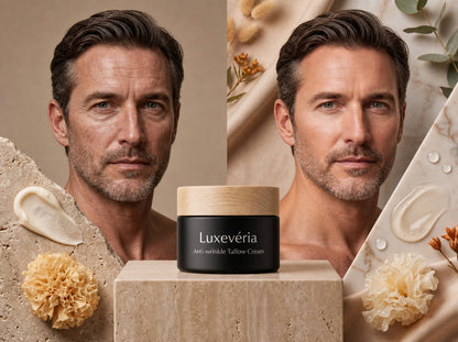 Luxevéria Anti-Wrinkle Tallow Cream skincare presentation for men