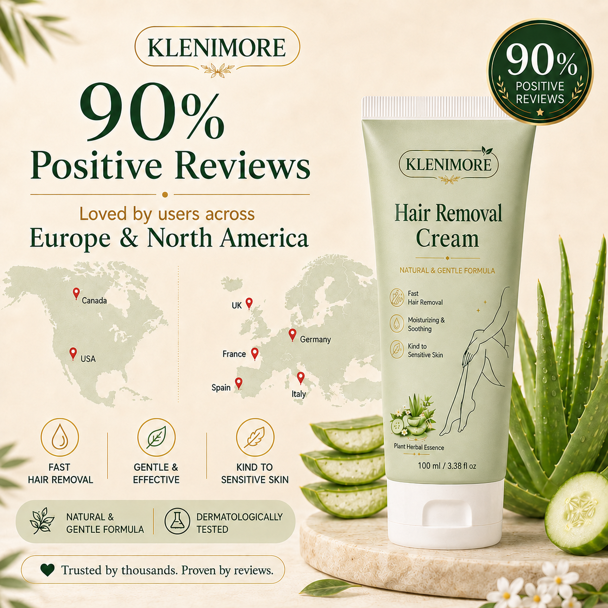 KLENIMORE™ Natural Gentle Hair Removal Cream | For Women & Men, Sensitive Skin