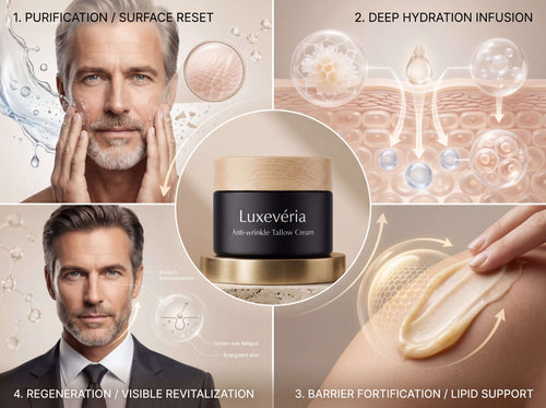Four-step facial skincare routine featuring Luxevéria Tallow Cream