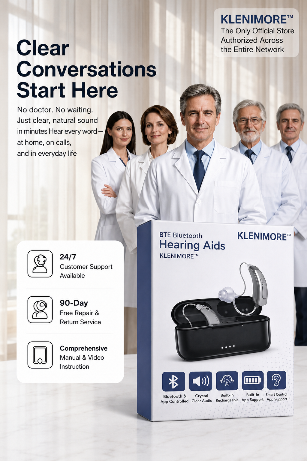 KLENIMORE Bluetooth hearing support pair with charging case and packaging