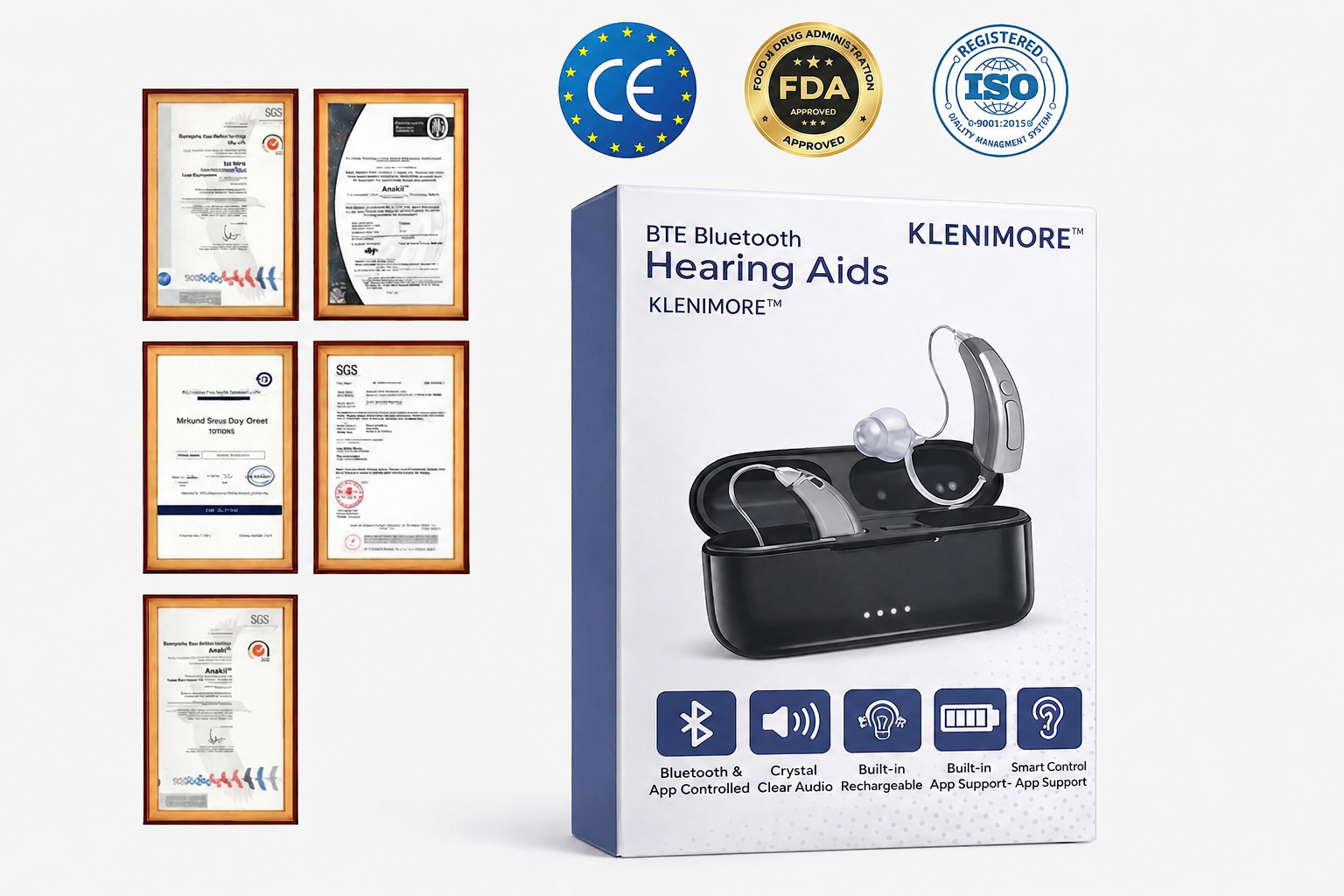 KLENIMORE Bluetooth Hearing Aids product and certification display